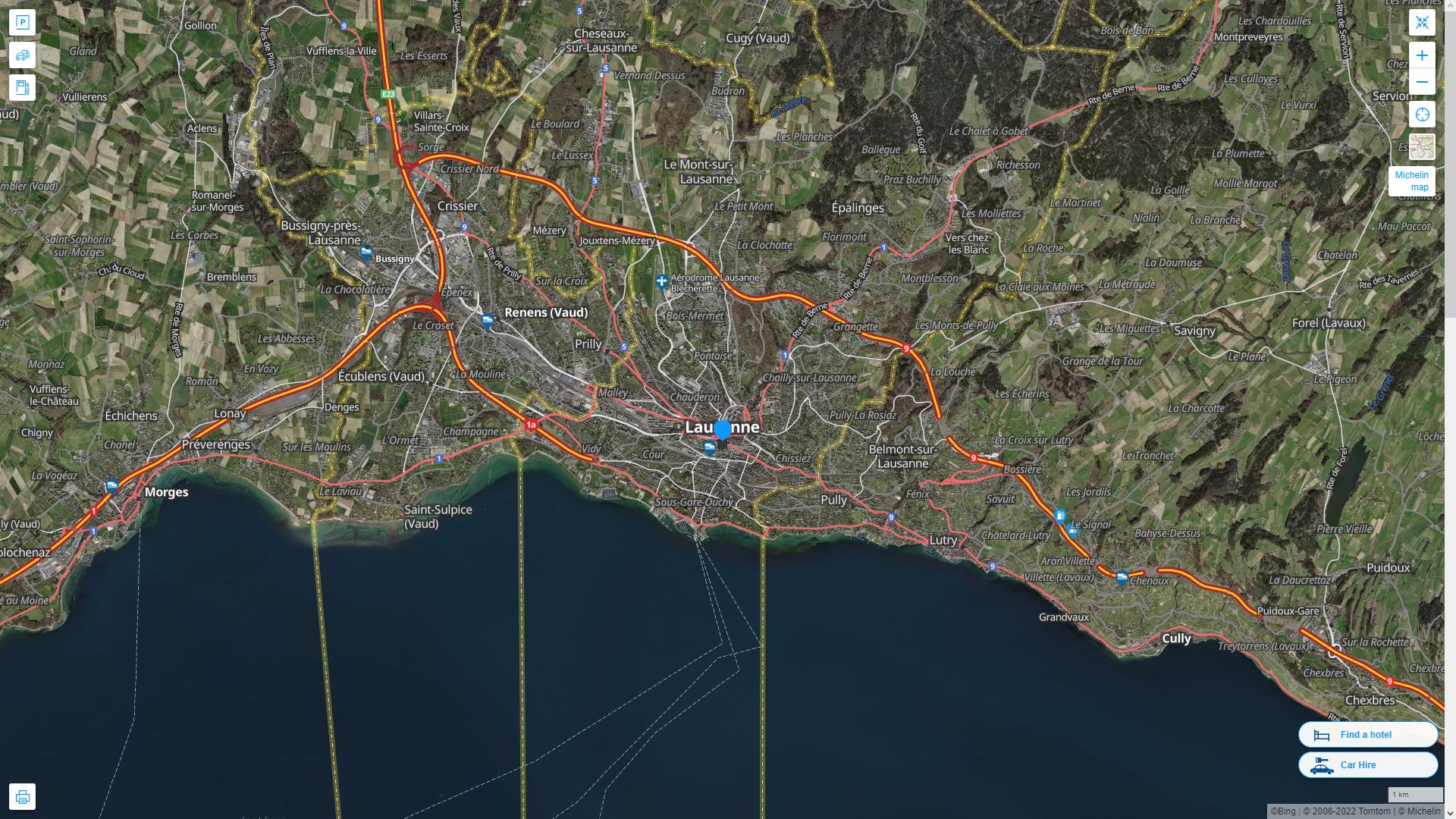Lausanne Suisse Autoroute et carte routiere avec vue satellite